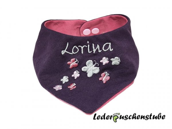 Wende Halstuch Jersey pflaume und altrosa, mit Namen grau und 9 Schmetterlinge grau-altrosa-rosa-creme